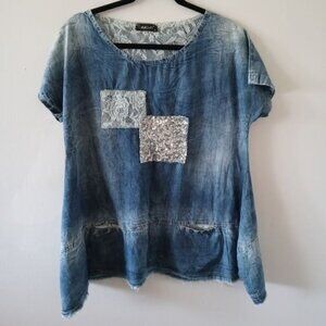 Caraclan Oversized Blue Patched Lace Crew Neck  shirt Size Medium